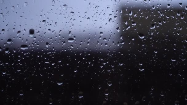 Γκρο Πλαν Σταγονιδίων Νερού Στο Ποτήρι Σταγόνες Βροχής Τζάμι Θάμπωμα — Αρχείο Βίντεο