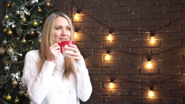 Mujer bebiendo café o té en el fondo del árbol de Navidad . — Vídeo de stock