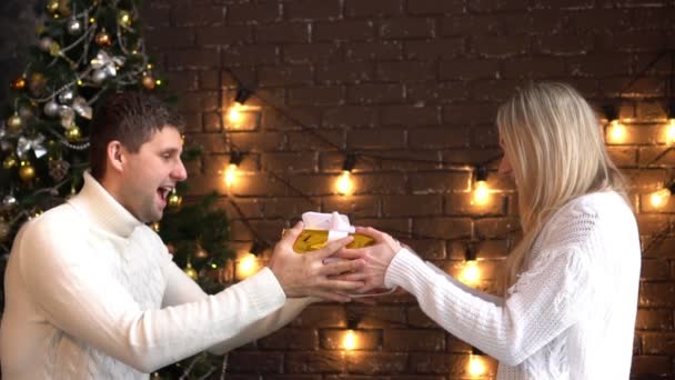 Un couple amoureux s'offre des cadeaux pour Noël . — Video