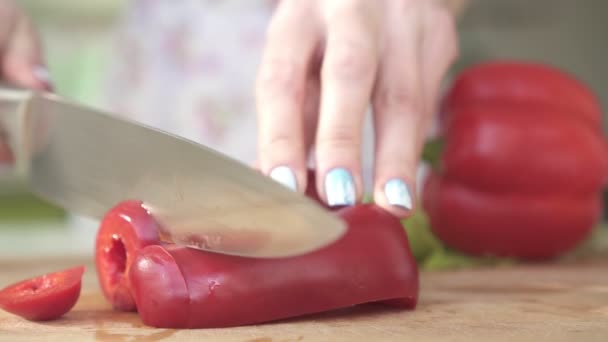 Mujer en la cocina cortando pimiento rojo, cámara lenta . — Vídeo de stock