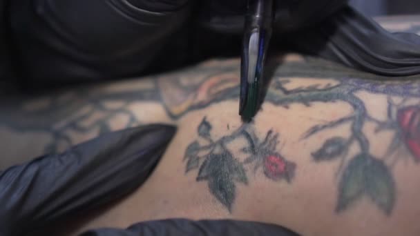 Kvinnan gör en tatuering i form av ritning blommor. — Stockvideo