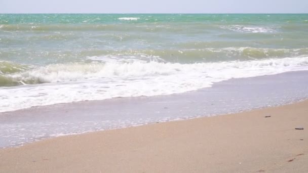 Havsvågor, gyllene sand, vacker tropisk strand utan människor, slow motion. — Stockvideo