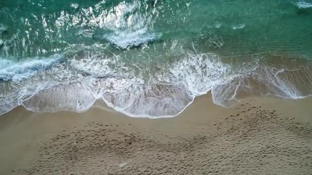 Playa de arena y el mar, una joven pareja tomando el sol en la orilla, vista aérea . — Vídeos de Stock