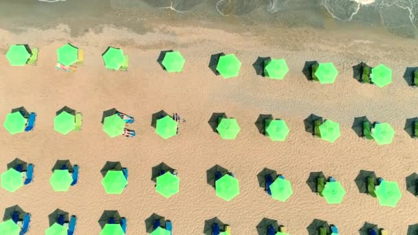 Εναέρια θέα, πολλές ομπρέλες από τον ήλιο στέκονται σε μια αμμώδη παραλία δίπλα στη θάλασσα. — Αρχείο Βίντεο