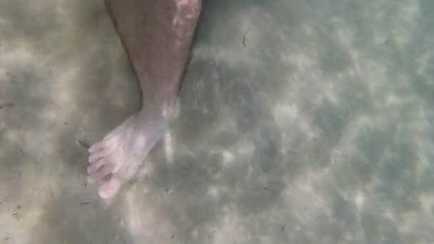 Mans feet walk on the sandy seabed. — Stock Video