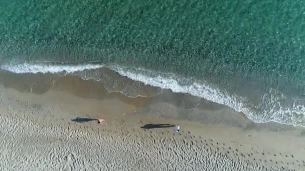 Morze, ludzie biegną wzdłuż piaszczystej plaży, widok z lotu ptaka. — Wideo stockowe