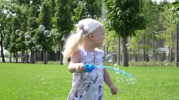 Παιδί κορίτσι που παίζει το καλοκαίρι στο πάρκο με φυσαλίδες σαπούνι. — Αρχείο Βίντεο