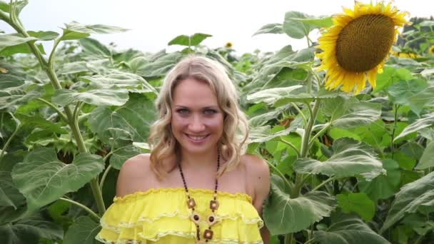 Mooie vrouw in een veld van zonnebloemen. — Stockvideo