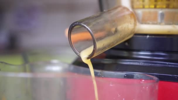 Saft strömmar från en juicepress. Färskpressad juice. — Stockvideo