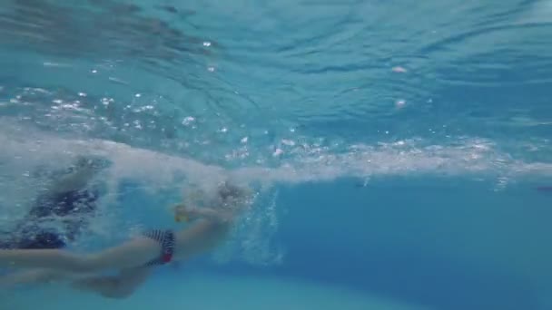 Un enfant dans une piscine nage sous l'eau . — Video