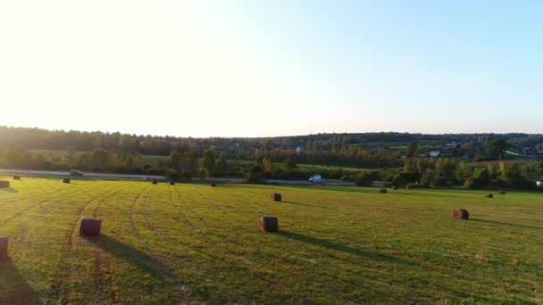 Χωριό, πράσινο χωράφι και κουρεμένα άχυρα. Όμορφο αγροτικό περιβάλλον. — Αρχείο Βίντεο
