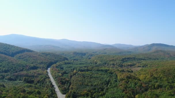 Aérien : forêt verte, montagnes, collines et route de campagne. Beau paysage de nature et de route . — Video