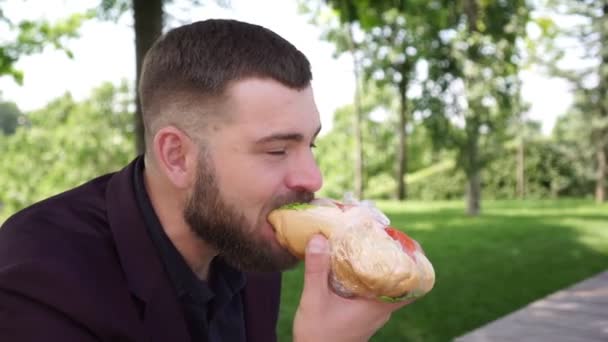O empresário está a comer no parque. Masculino gerente comer fast food — Vídeo de Stock
