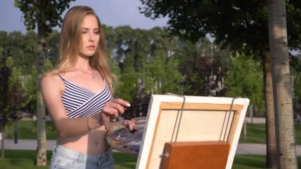 La joven artista pinta un cuadro al aire libre. Hermosa chica dibuja en un parque de verano — Vídeos de Stock