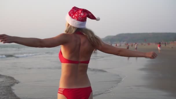 Vánoce nebo Nový rok, portrét šťastného turisty na mořské pláži — Stock video