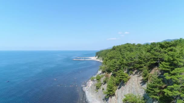 Belle côte maritime. Rochers, arbres, ciel et mer bleu clair, vue aérienne.
