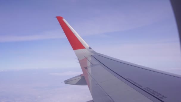 The wing of a passenger plane flying in the sky — Stock Video