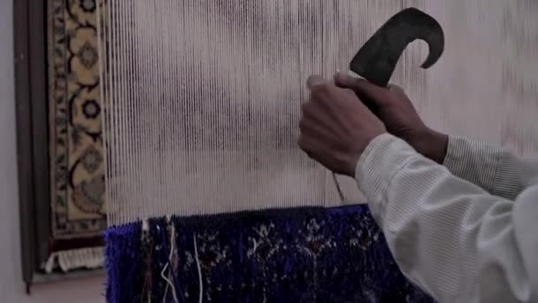 Agra, India, febrero 2020. proceso de fabricación de una alfombra hecha a mano en un telar viejo. — Vídeos de Stock
