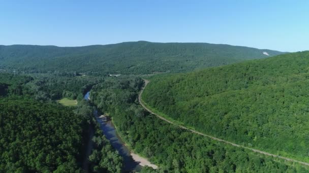 Повітряна панорама: залізниця на тлі зеленого лісу та гір — стокове відео