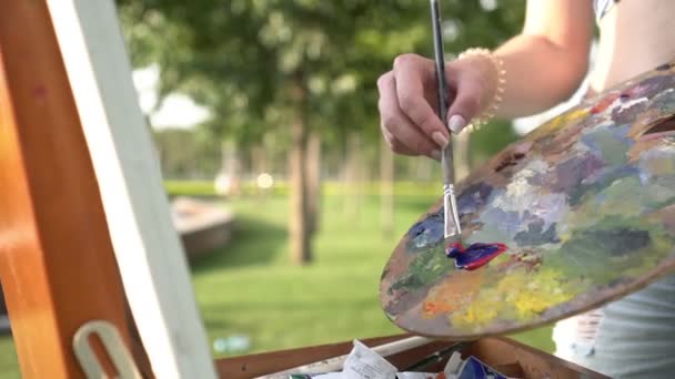 Mujer artista sosteniendo una paleta de madera y pintando un cuadro al aire libre — Vídeos de Stock