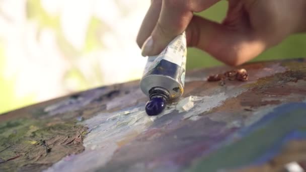 Художник будет выдавливать акриловую краску для рисования на палитру — стоковое видео