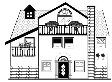 çizgi çizim evi, siyah ve beyaz bina el çizimi detaylar ve elementler, pencere, kapı, çatı, cephe, modern klasik tarz