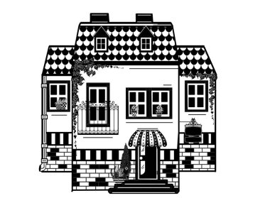 çizgi çizim evi, siyah ve beyaz bina el çizimi detaylar ve elementler, pencere, kapı, çatı, cephe, modern klasik tarz