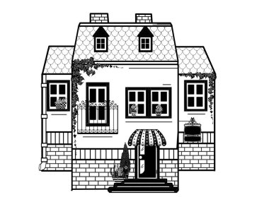 çizgi çizim evi, siyah ve beyaz bina el çizimi detaylar ve elementler, pencere, kapı, çatı, cephe, modern klasik tarz