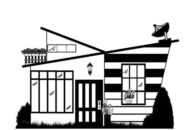 Line Drawing House Black White Building Hand Draw Details Elements — Stock Photo, Image