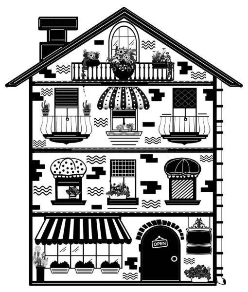 Line Drawing House Black White Building Hand Draw Details Elements — Stock Photo, Image