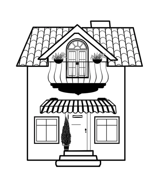 Linia Rysunek Dom Czarno Biały Budynek Ręcznie Rysować Szczegóły Elementy — Zdjęcie stockowe