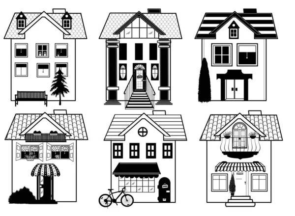 Linienzeichnung Haus Schwarz Weißes Gebäude Handzeichnung Mit Details Und Elementen — Stockfoto