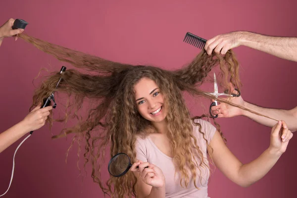 Hair Dresser Concept Beautiful Young Woman Long Curly Hair Hands — Stock Photo, Image