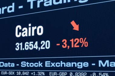 Kahire borsa endeksi düşüyor. Düşen Mısır hisse senedi fiyatları, hamiline piyasası, düşüş, yatırım, ticaret, çöküş, kayıp, kriz, borsa verileri. 3B illüstrasyon