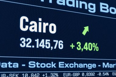 Kahire borsa endeksi yükseliyor. Artan Mısır hisse fiyatları, boğa pazarı, büyüme, yatırım, ticaret, kâr, borsa verileri. 3B illüstrasyon