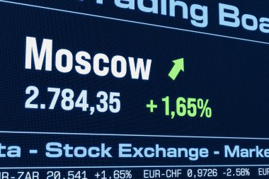 Moskova borsa endeksi yükseliyor. Artan Rus hisse fiyatları, boğa pazarı, büyüme, yatırım, iş, kar, borsa verileri. 3B illüstrasyon