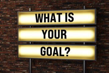 Amacın nedir? Kırmızı tuğla duvarın önündeki ışıklı tabela. Başarı, strateji, vizyon, görev, 3 boyutlu illüstrasyon