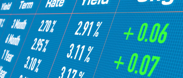 Rising rates, yields and interest rates. Bond market, savings, investment, financial markets, Interest rates concept. 3D illustration