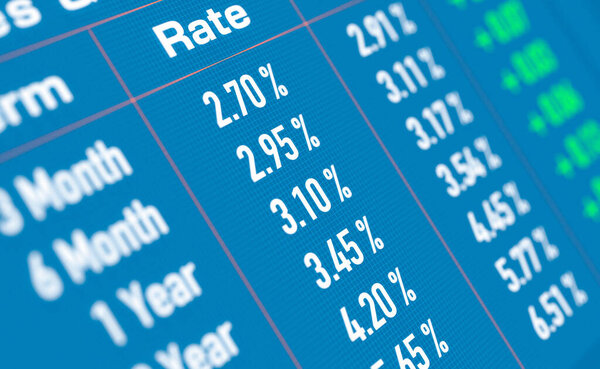 Interest rates, yields moving up. Bond market, stock market and exchange, savings, investment, financial markets, Interest rates concept. 3D illustration