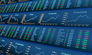 ETF Asia & Pacific yatırımı, takas fonu, borsa ticaret ekranı. Zenginlik, büyüme, strateji, ETF bankacılık, finansal rakamlar, veri, araştırma. 3B illüstrasyon