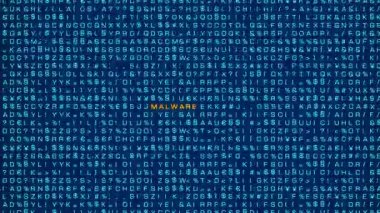 Sistem kötü amaçlı yazılım, bilgisayar uyarı işareti, rastgele harfler, işaretler, bilgisayar kodu. Bitler ve baytlar, sistem mesajı, siber saldırı, tehdit, ağ güvenliği, virüs, bilgisayar suçları. 3 Boyutlu Canlandırma