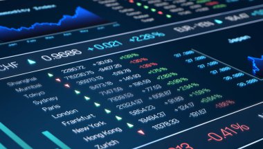 Borsa, borsa, borsa, finans piyasası verileri, küresel iş. Çizelgeler, veriler, indekslerle, risklerle, değişkenlerle ekranı takas etmek. 3B illüstrasyon