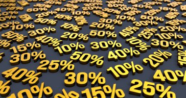 Yüzde 10, yüzde 20, yüzde 30 ya da yüzde 50. İş, satış, perakende satış, yüzde işareti, indirim. 3B illüstrasyon