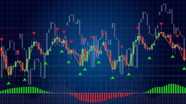 Mavi arka plan üzerinde Forex ticaret göstergeleri vektör çizim. Online trading signals satın almak ve para kavramı satmak. Satın almak ve satmak endeksleri şamdan grafiği grafik tasarım üzerinde forex ticaret için.