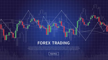 Mavi arka plan üzerinde forex ticaret vektör çizim içinde mum grafiği. Forex ticaret finansal borsa grafik tasarım konsepti.