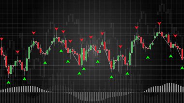 Koyu arka plan üzerinde Forex ticaret göstergeleri vektör çizim. Online trading signals satın almak ve para kavramı satmak. Satın almak ve satmak endeksleri şamdan grafiği grafik tasarım üzerinde forex ticaret için.
