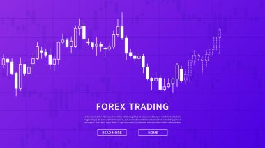 Hisse senedi grafiği grafik vektör afiş mor arka plan. Online ticaret web afiş kavramı. Forex ticaret mum grafiği grafik tasarım.