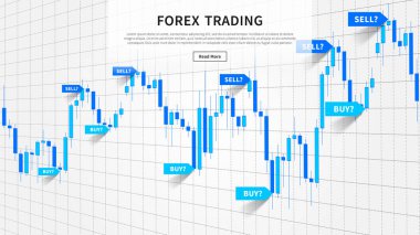 Japon mum grafik satın ile sopa ve satmak endeksleri, işaretçiler, işaretçileri vektör çizim. Finansal projeler için web banner.