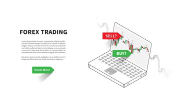 Forex trading açılış sayfası vektör çizim. Mum grafiği, grafik grafik tasarım ticari dizüstü bilgisayar. Fintech projeleri için açılış sayfası şablonu.