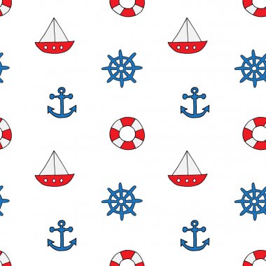 Çapa ile deniz Dikişsiz vektör deseni, direksiyon, Lifebuoy, tekne
